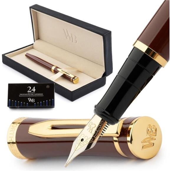 Black Fountain Pen Kit, 18K Medium Gold Nib, Includes 24 Ink - Picture 1 of 7